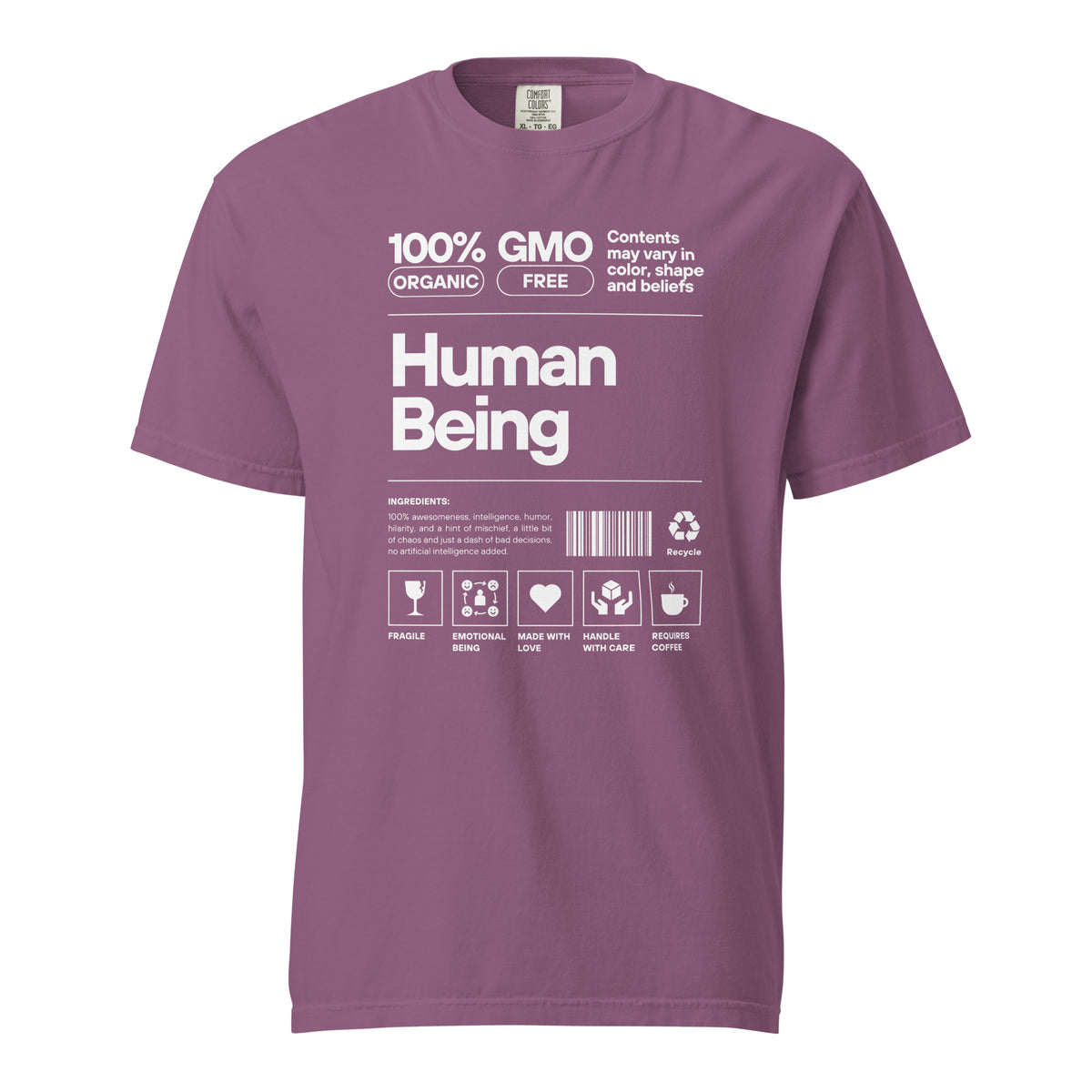 Berry T-shirt, front view, with a white label-style 'Human Being' design with small icons.