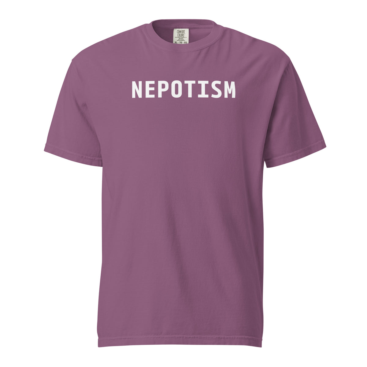 Berry T-shirt, front view with white "NEPOTISM" lettering.