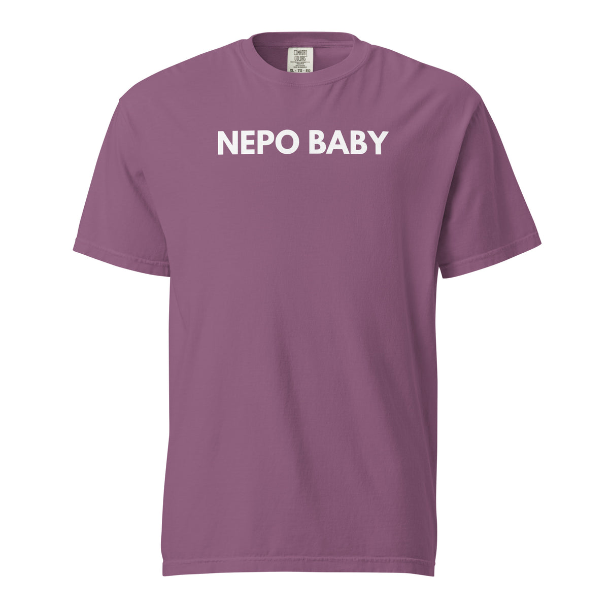 Berry T-shirt, front view, with white 'NEPO BABY' lettering.
