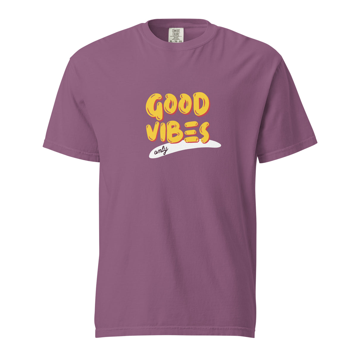 Berry T-shirt, front view with yellow "Good Vibes" lettering and a white underline.