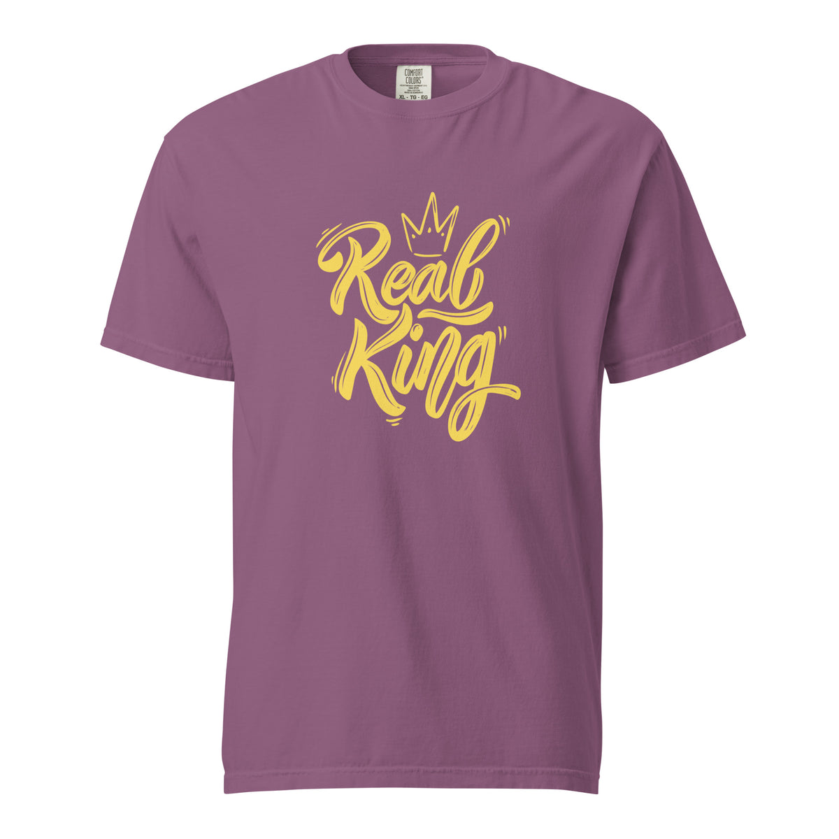 Berry T-shirt with yellow Real King script and crown, front view.