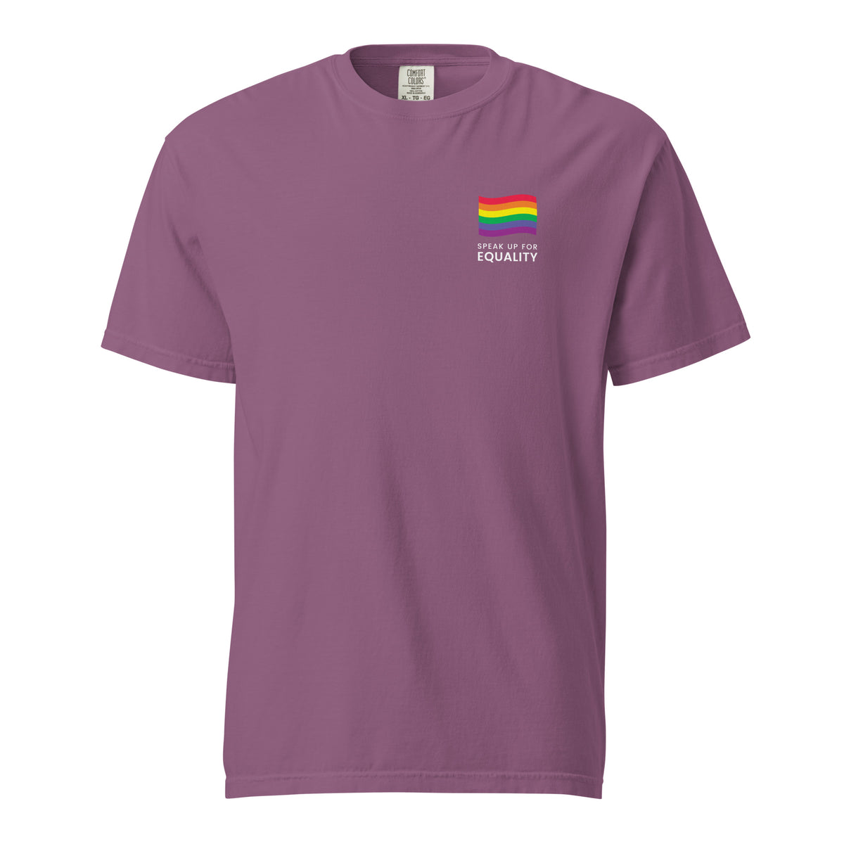 Berry T-shirt with a rainbow flag and equality message, front view.