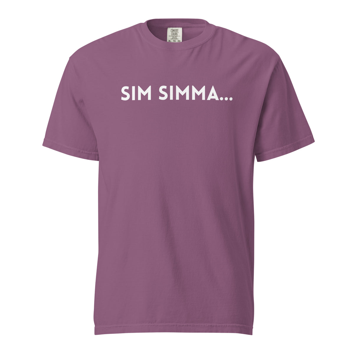 Berry T-shirt, front view with white "SIM SIMMA..." lettering.