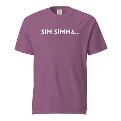 Berry T-shirt, front view with white "SIM SIMMA..." lettering.