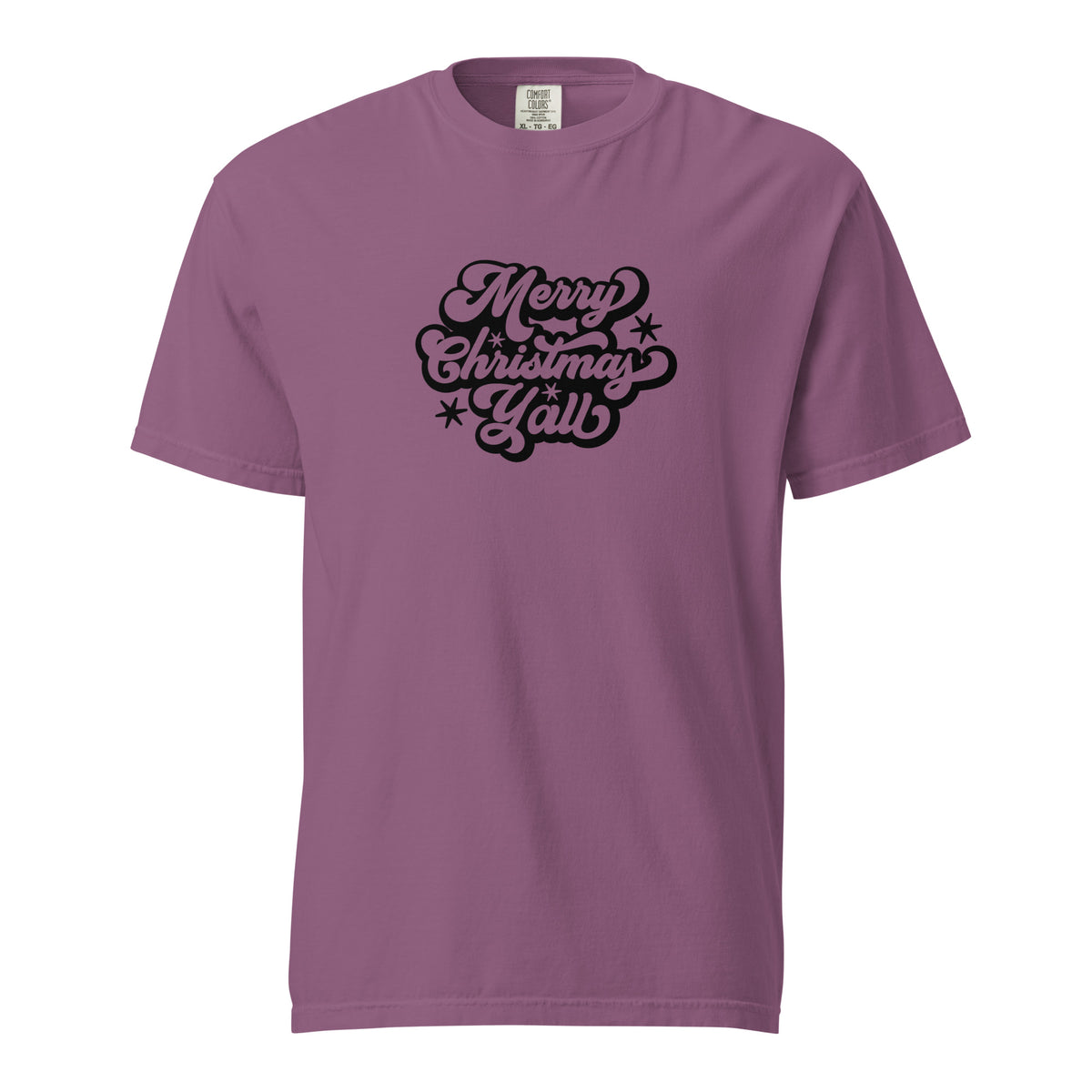 Berry T-shirt, front view, with black 'Merry Christmas Y'all' script and stars.