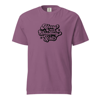 Berry T-shirt, front view, with black 'Merry Christmas Y'all' script and stars.