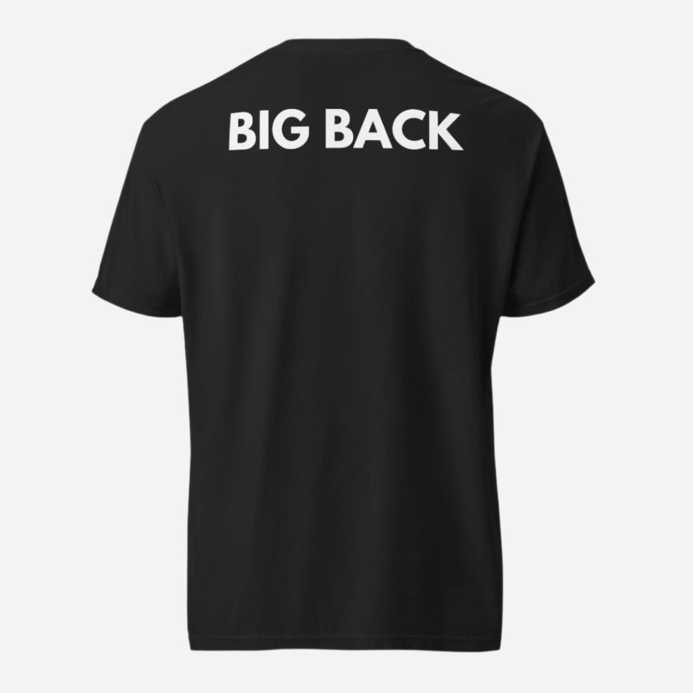 Black T-shirt with white Big Back lettering, back view.