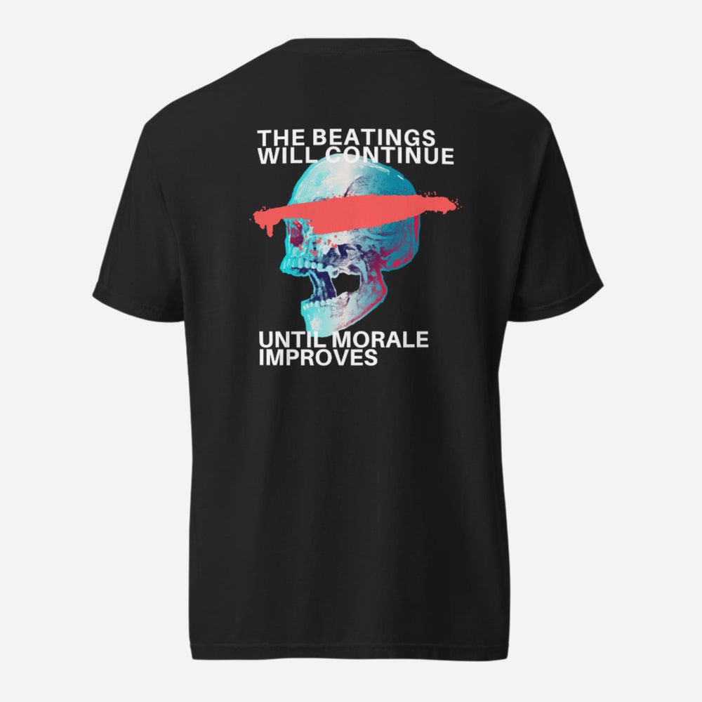 Black T-shirt with a blue skull, red bar and The Beatings Will Continue text, back view.