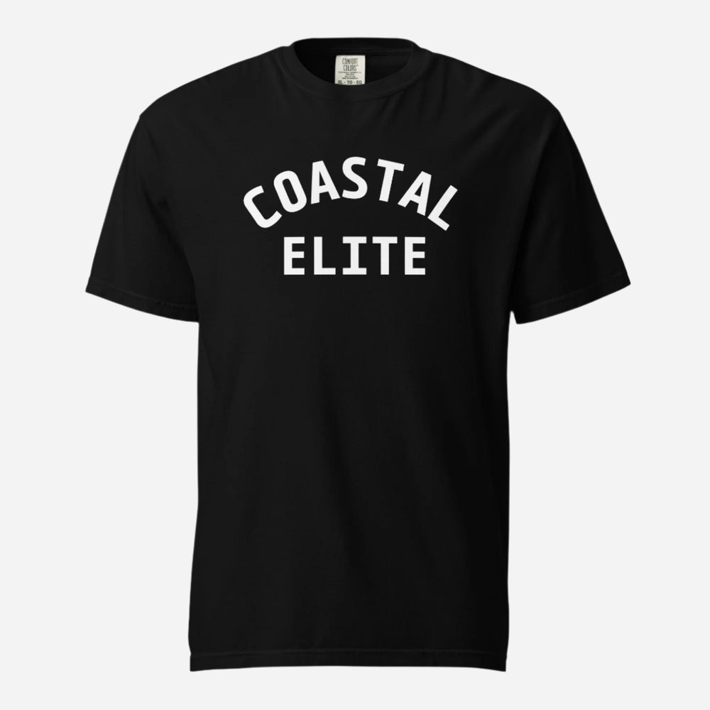 Coastal Elite T-shirt in Black, front view with white arched "Coastal Elite" lettering.