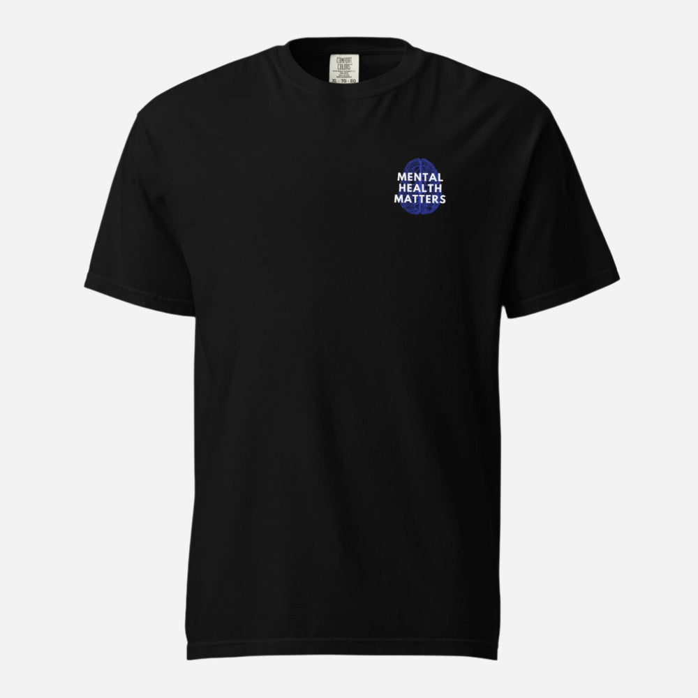 Black T-shirt, front view with a small blue-and-white "Mental Health Matters" chest design.