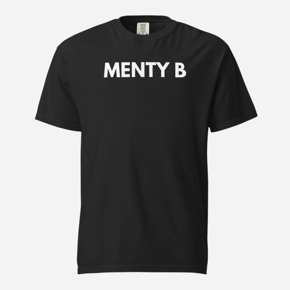 Black T-shirt, front view with white "MENTY B" lettering.