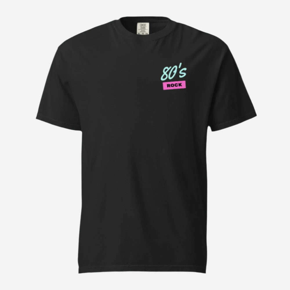 Black T-shirt, front view, with small mint '80s' lettering above a pink 'ROCK' label on the chest.