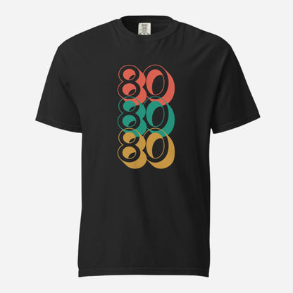 Black T-shirt, front view with stacked red, green and yellow "80" numerals.