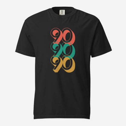 Black T-shirt with stacked red, green and yellow 90 numerals, front view.