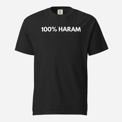 Black T-shirt, front view, with white '100% HARAM' lettering.