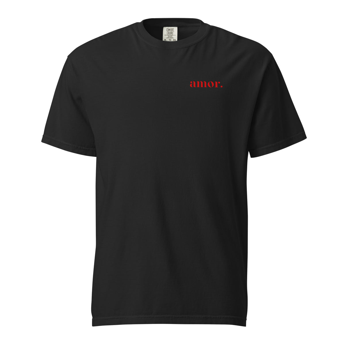 Black T-shirt, front view, with small red 'amor.' lettering on the chest.