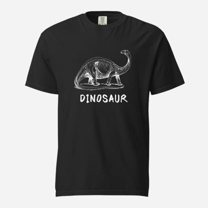 Black T-shirt with a white dinosaur illustration and Dinosaur lettering, front view.