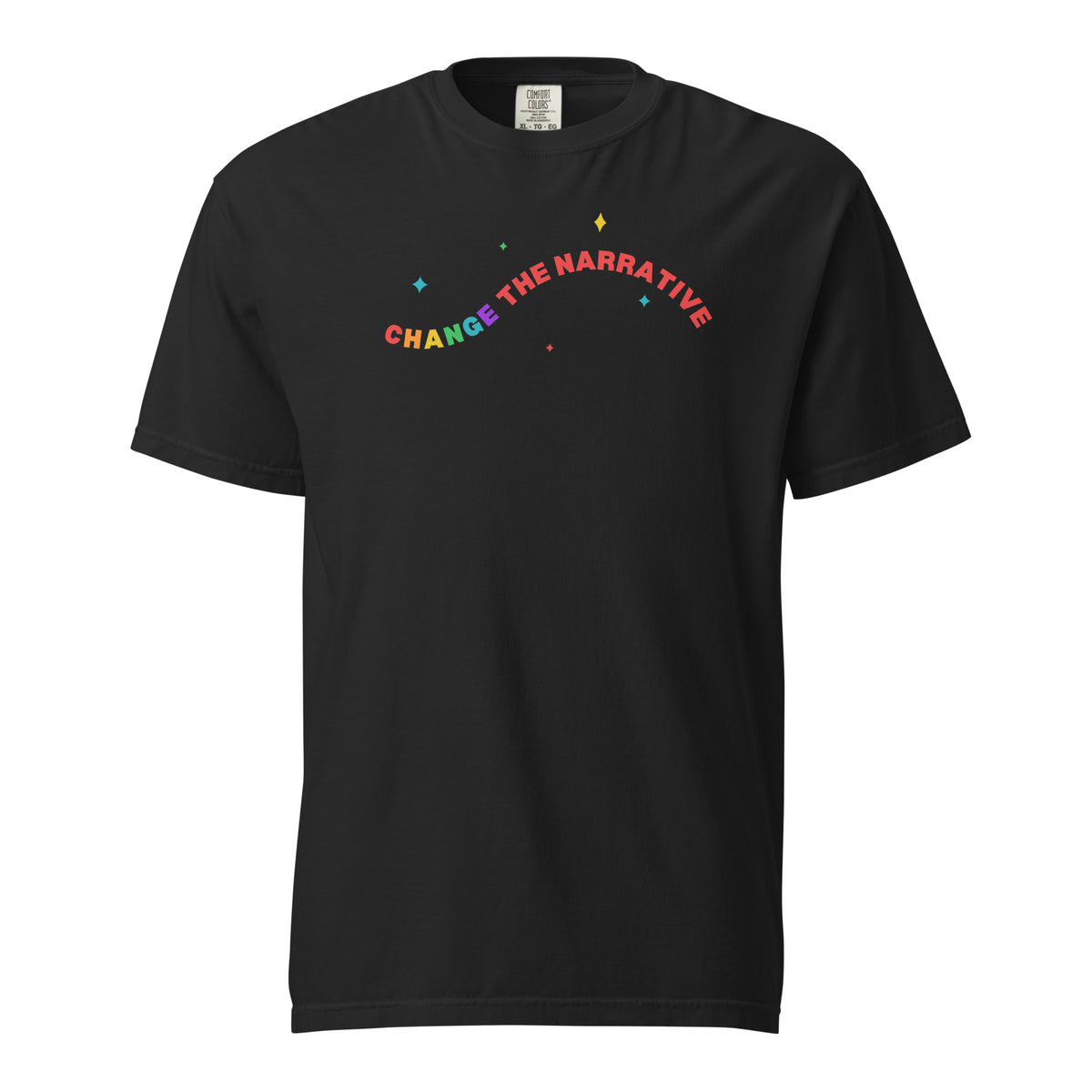 Black T-shirt, front view with rainbow "Change the Narrative" lettering.