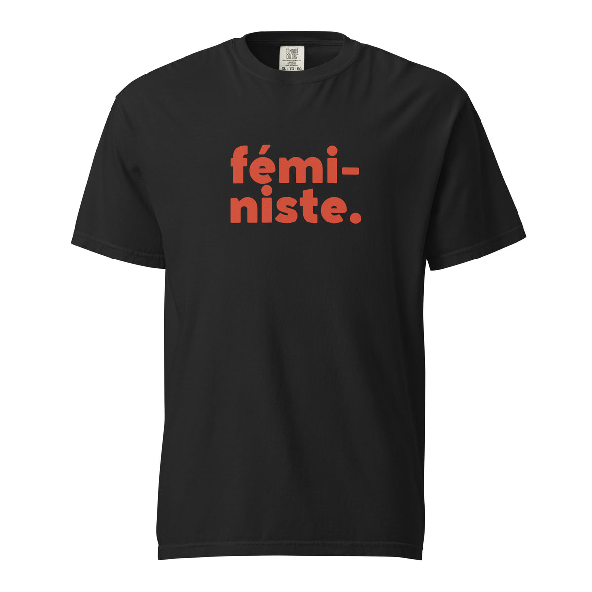 Black T-shirt, front view with red "fÃ©mi-niste." lettering.