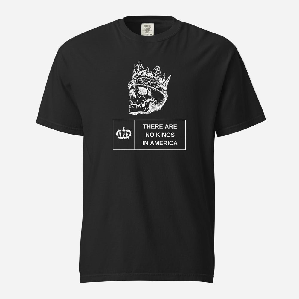 Black T-shirt, front view, with a white crowned skull above 'There Are No Kings In America' text.