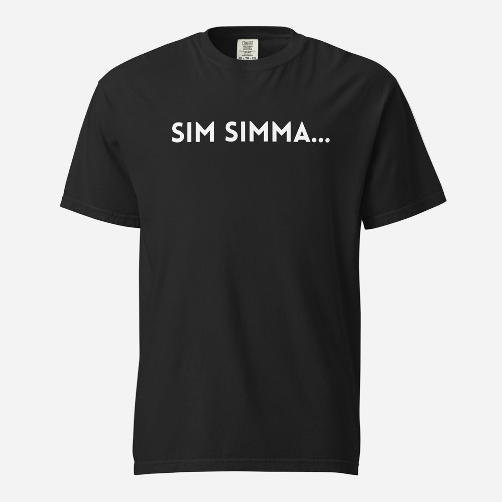 Black T-shirt, front view with white "SIM SIMMA..." lettering.