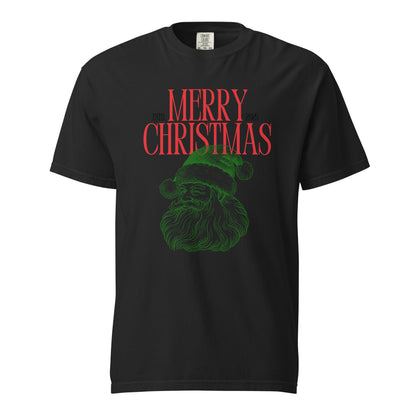 Black T-shirt, front view with a green Santa face and red "Merry Christmas" lettering.