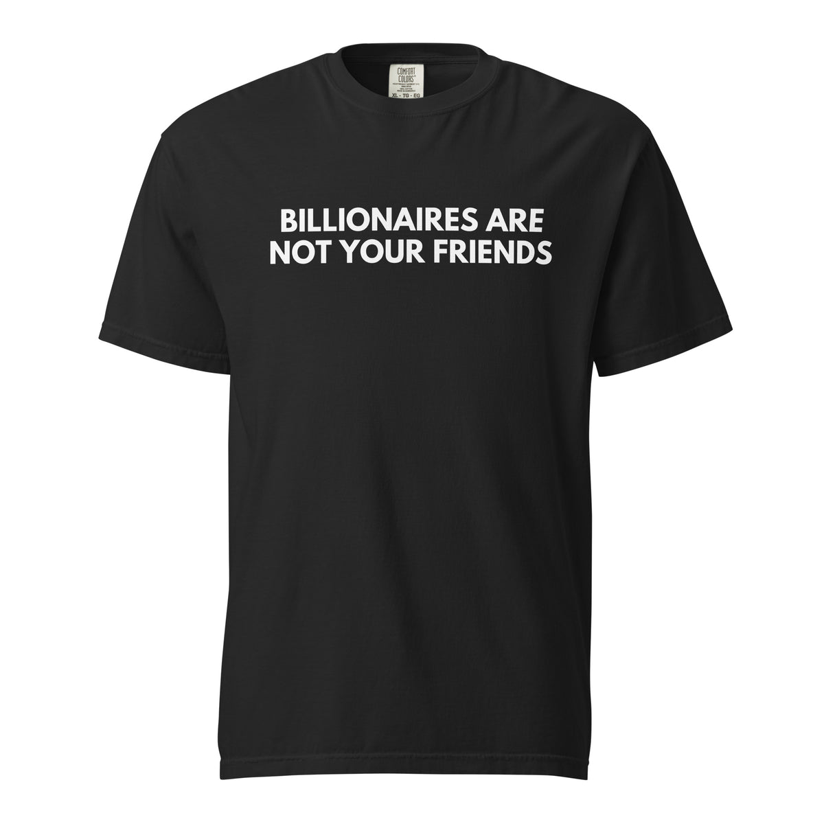 Black T-shirt, front view, with white 'Billionaires Are Not Your Friends' lettering.