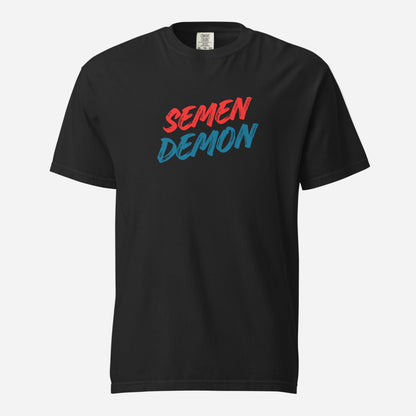 Black T-shirt, front view, with red and teal 'Semen Demon' lettering.