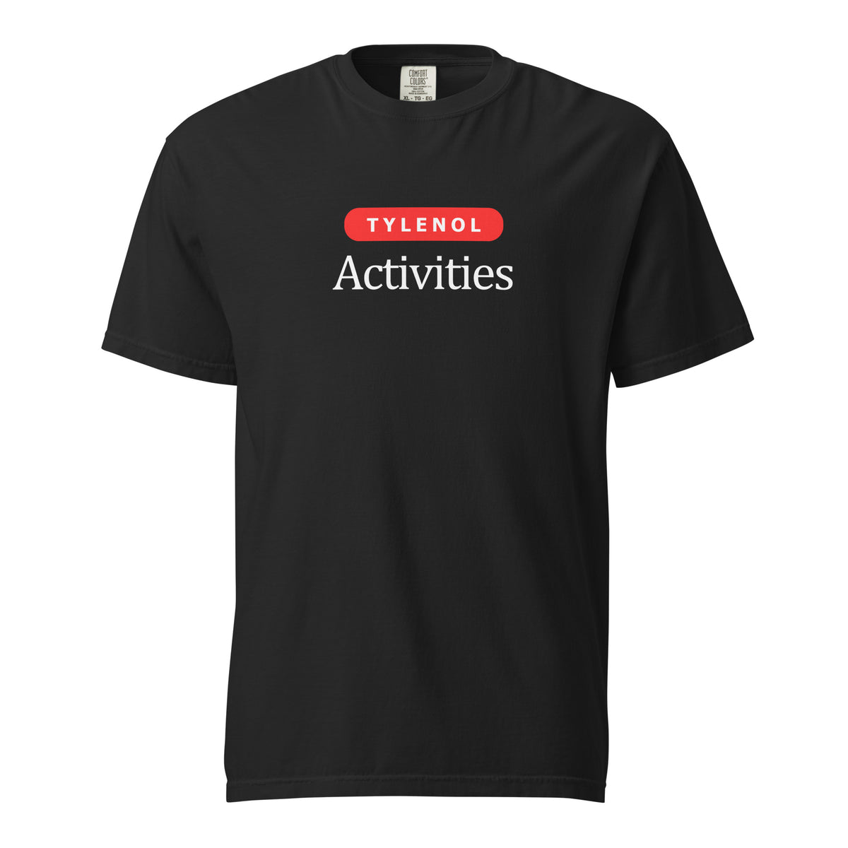 Black T-shirt, front view, with a red 'Tylenol' label above white 'Activities' lettering.