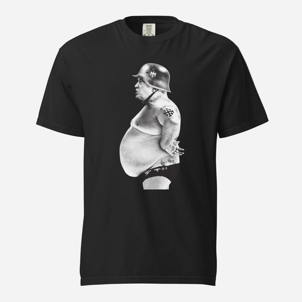 Full Metal Pedo T-shirt in Black, front view with a monochrome helmeted figure graphic.