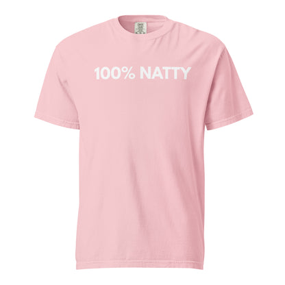 Blossom T-shirt, front view, with white '100% NATTY' lettering.