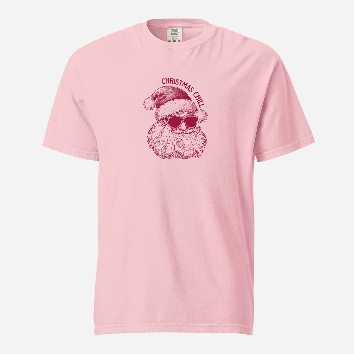 Blossom T-shirt with a red Santa face in sunglasses and Christmas Chill text, front view.