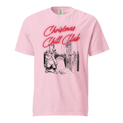 Blossom T-shirt, front view, with a seated Santa illustration beneath red 'Christmas Chill Club' script.