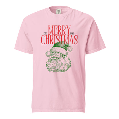 Blossom T-shirt, front view with a green Santa face and red "Merry Christmas" lettering.