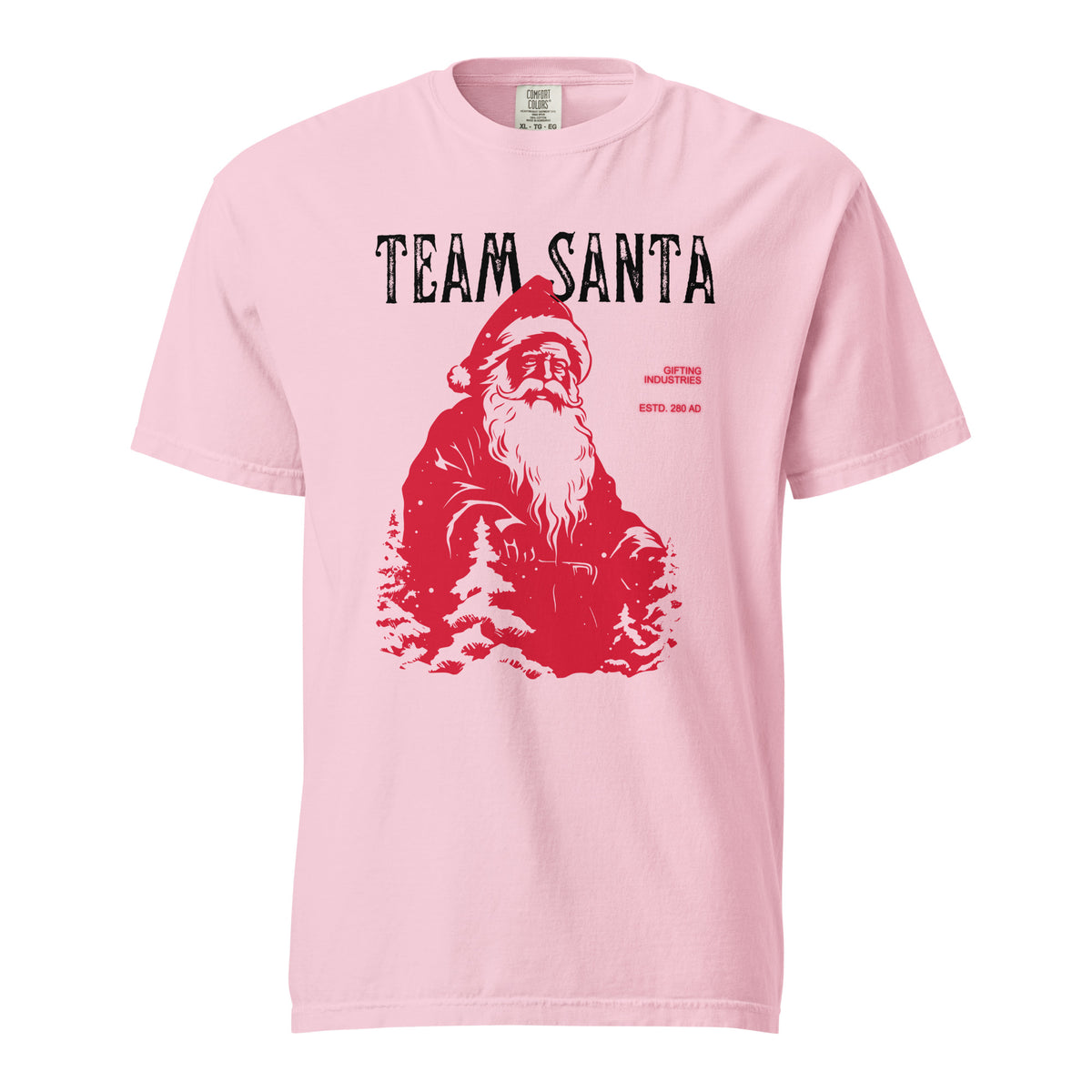 Blossom T-shirt, front view, with a red Santa and tree illustration beneath black 'Team Santa' text.