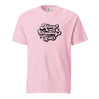 Blossom T-shirt, front view, with black 'Merry Christmas Y'all' script and stars.