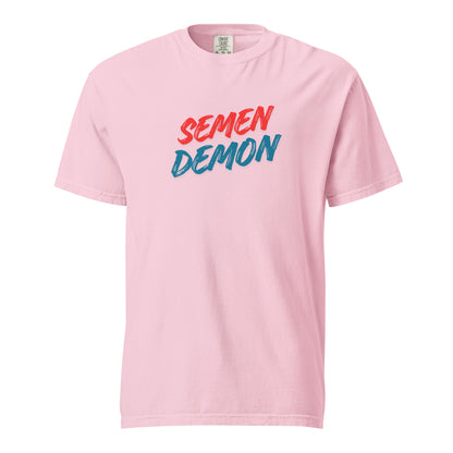 Blossom T-shirt, front view, with red and teal 'Semen Demon' lettering.