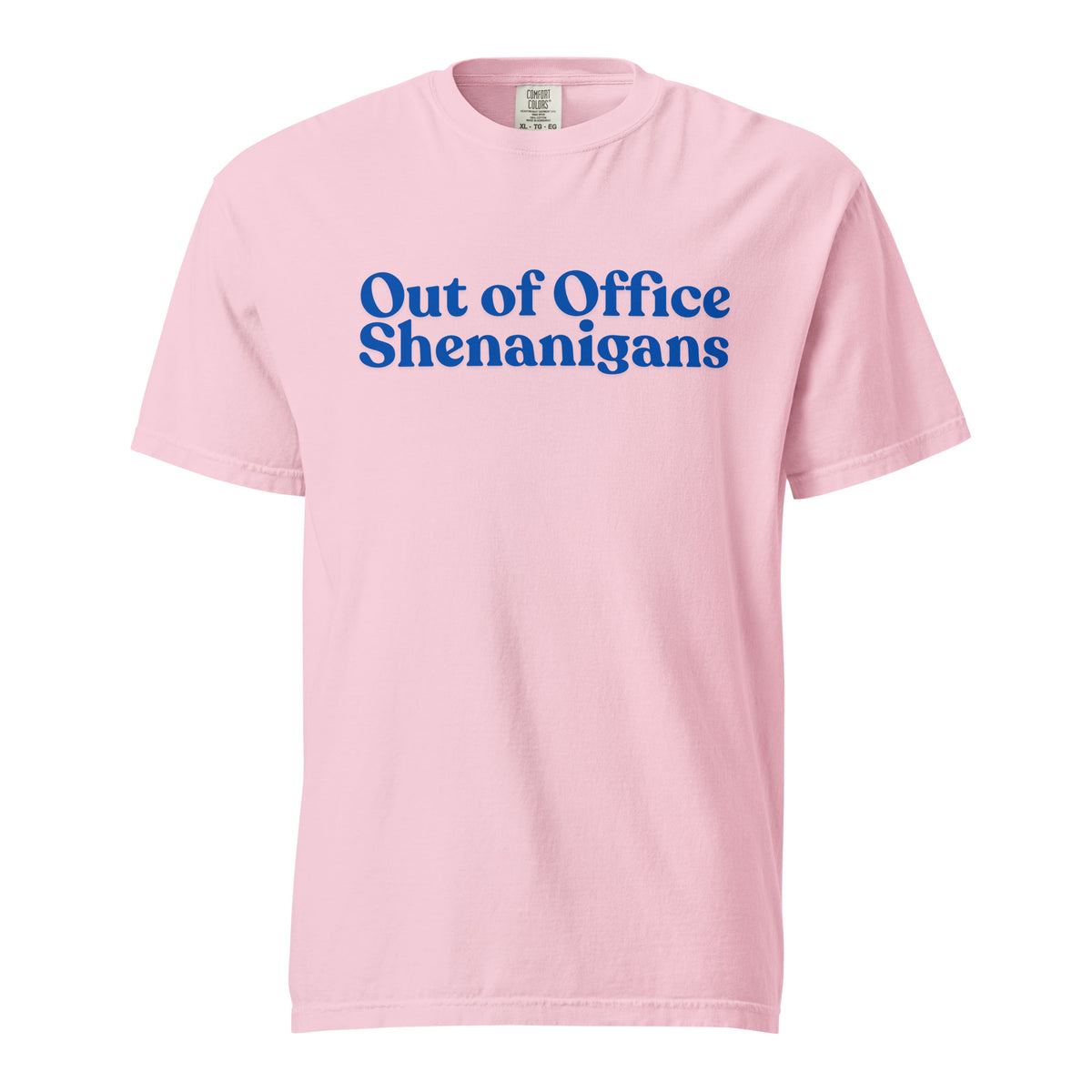 Blossom T-shirt, front view, with blue stacked 'Out of Office Shenanigans' lettering.