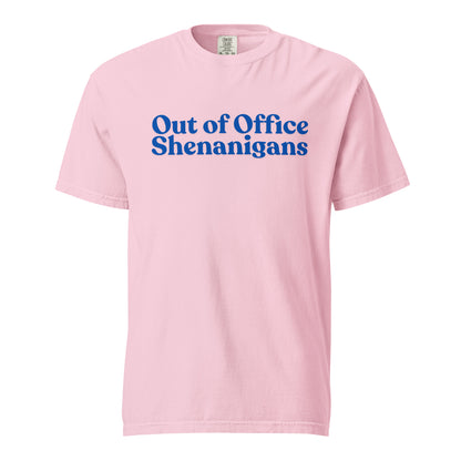 Blossom T-shirt, front view, with blue stacked 'Out of Office Shenanigans' lettering.