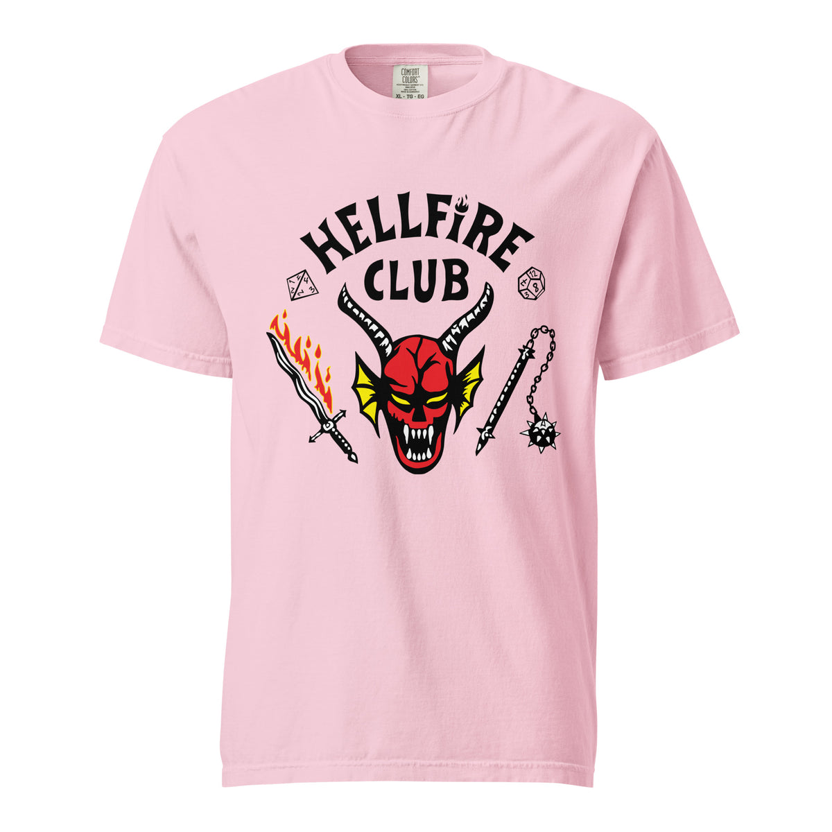 Blossom T-shirt, front view, with a red horned face beneath black 'Hellfire Club' lettering.