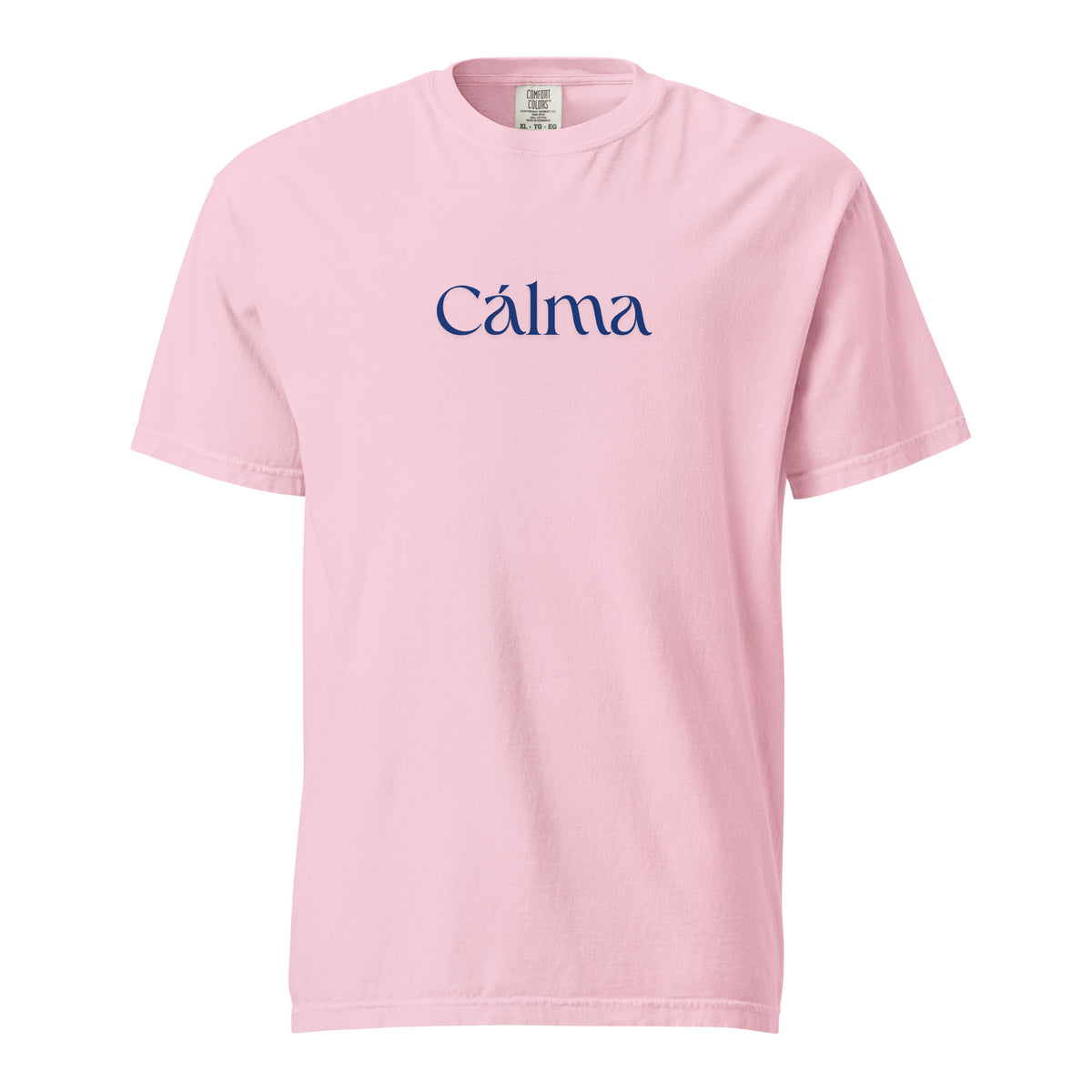 Blossom T-shirt, front view, with blue 'Calma' lettering.
