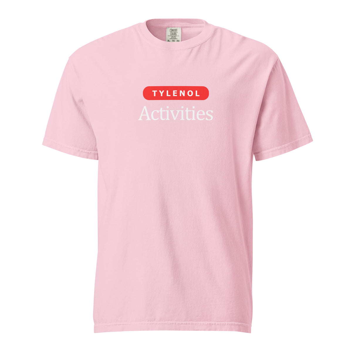 Blossom T-shirt, front view, with a red 'Tylenol' label above white 'Activities' lettering.