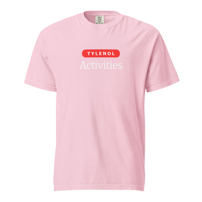 Blossom T-shirt, front view, with a red 'Tylenol' label above white 'Activities' lettering.