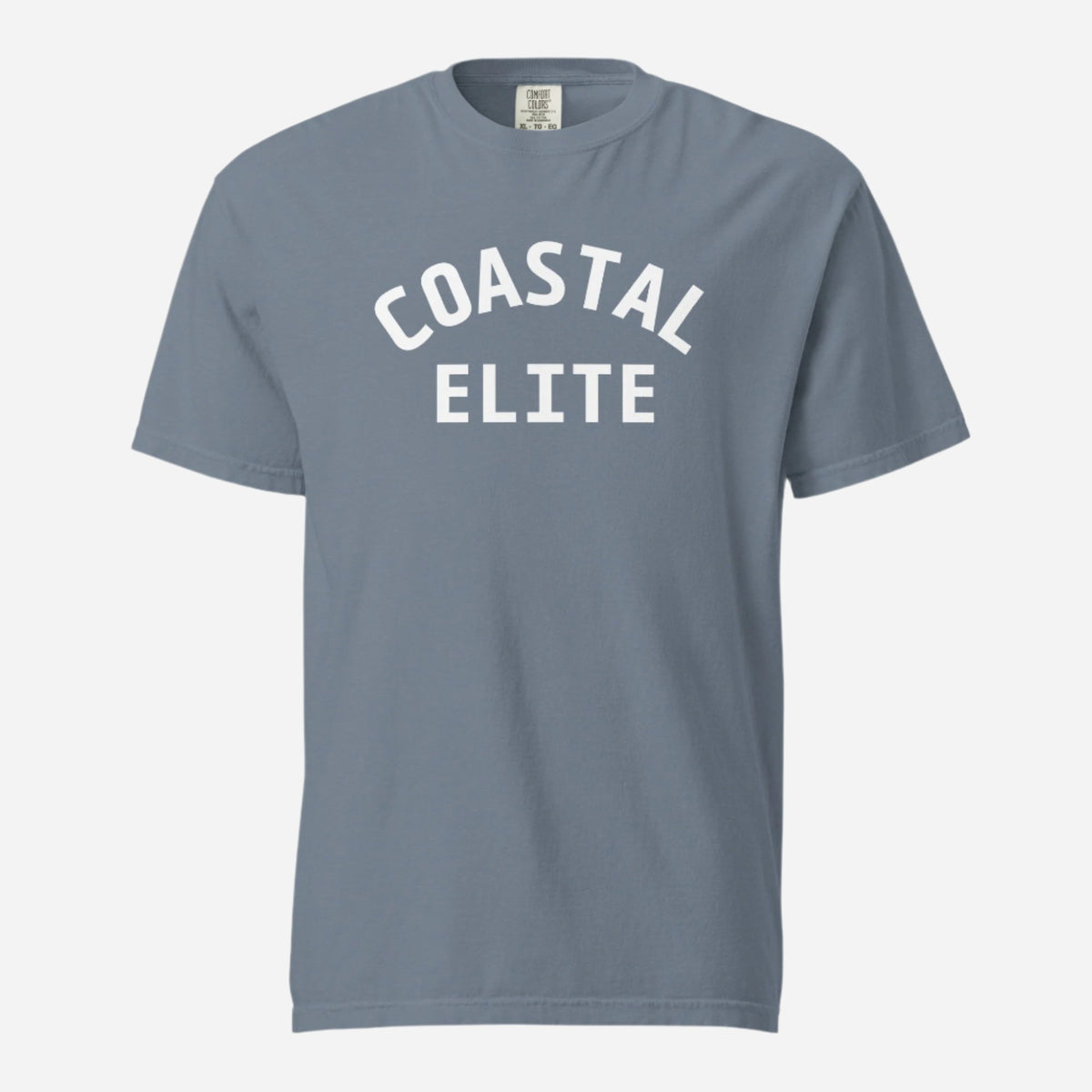 Blue Jean T-shirt, front view with white arched "Coastal Elite" lettering.