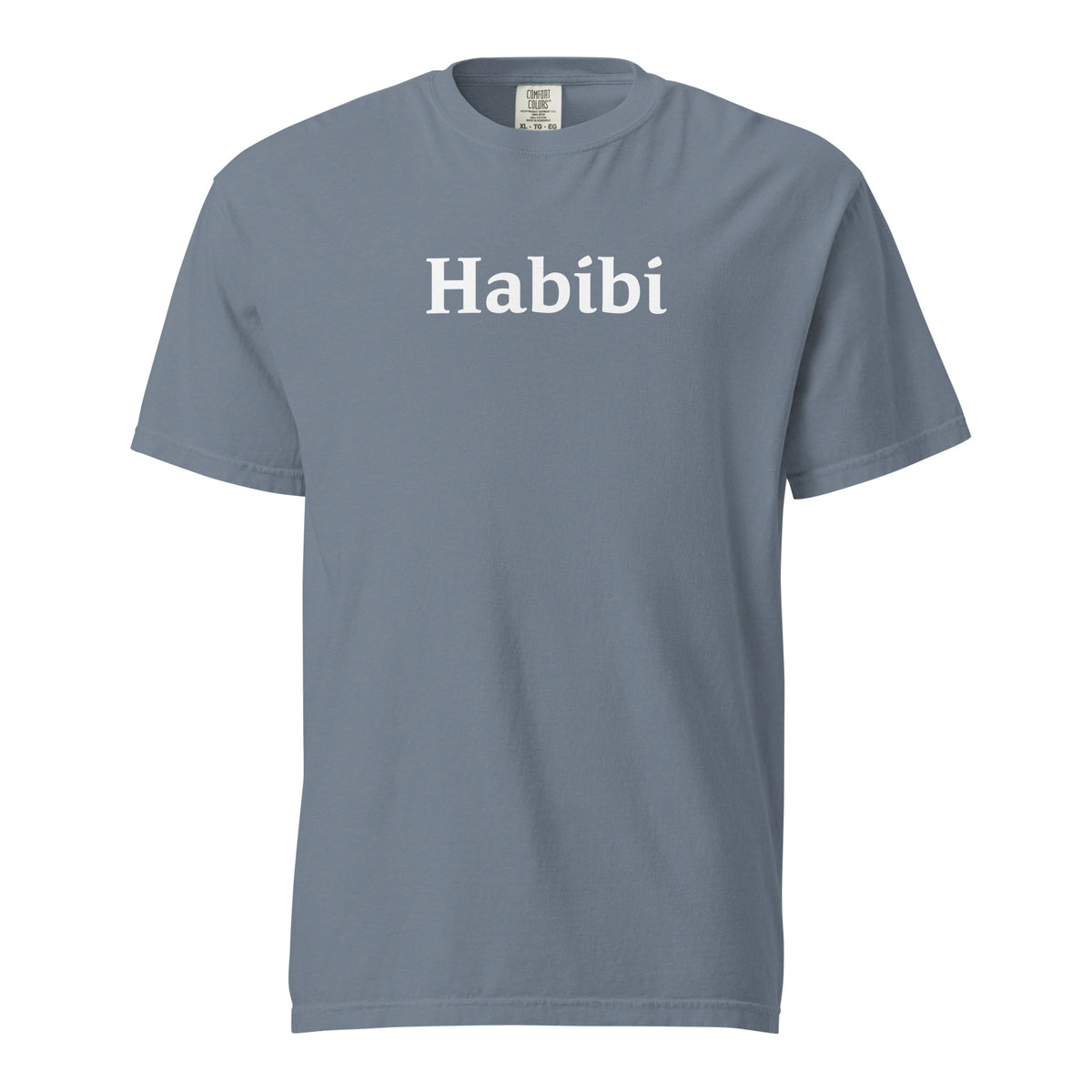 Blue Jean T-shirt, front view with white "Habibi" lettering.