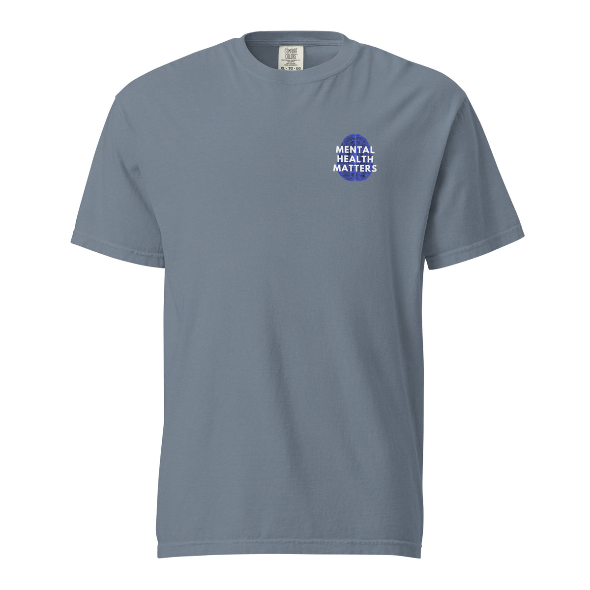 Blue Jean T-shirt, front view with a small blue-and-white "Mental Health Matters" chest design.