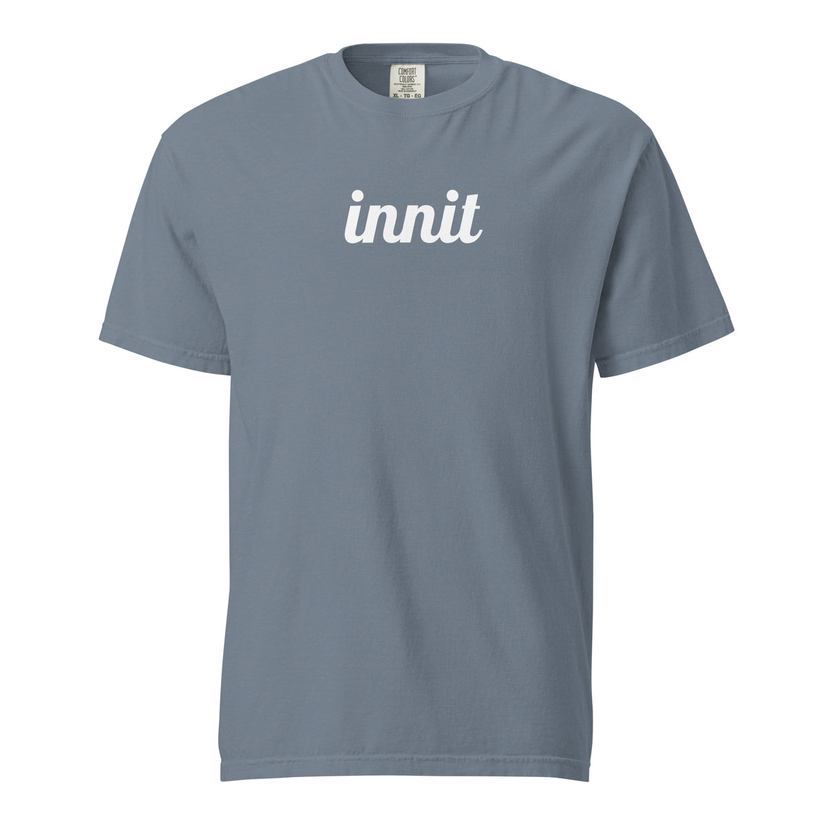 Innit T-shirt in Blue Jean, front view with white "innit" lettering.