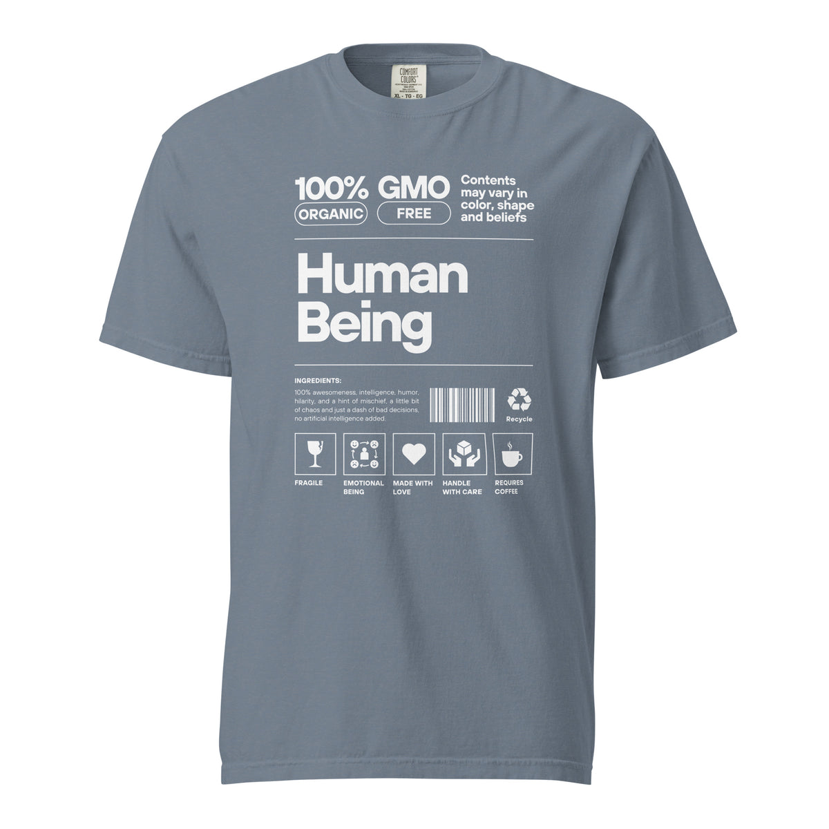 Blue Jean T-shirt, front view, with a white label-style 'Human Being' design with small icons.