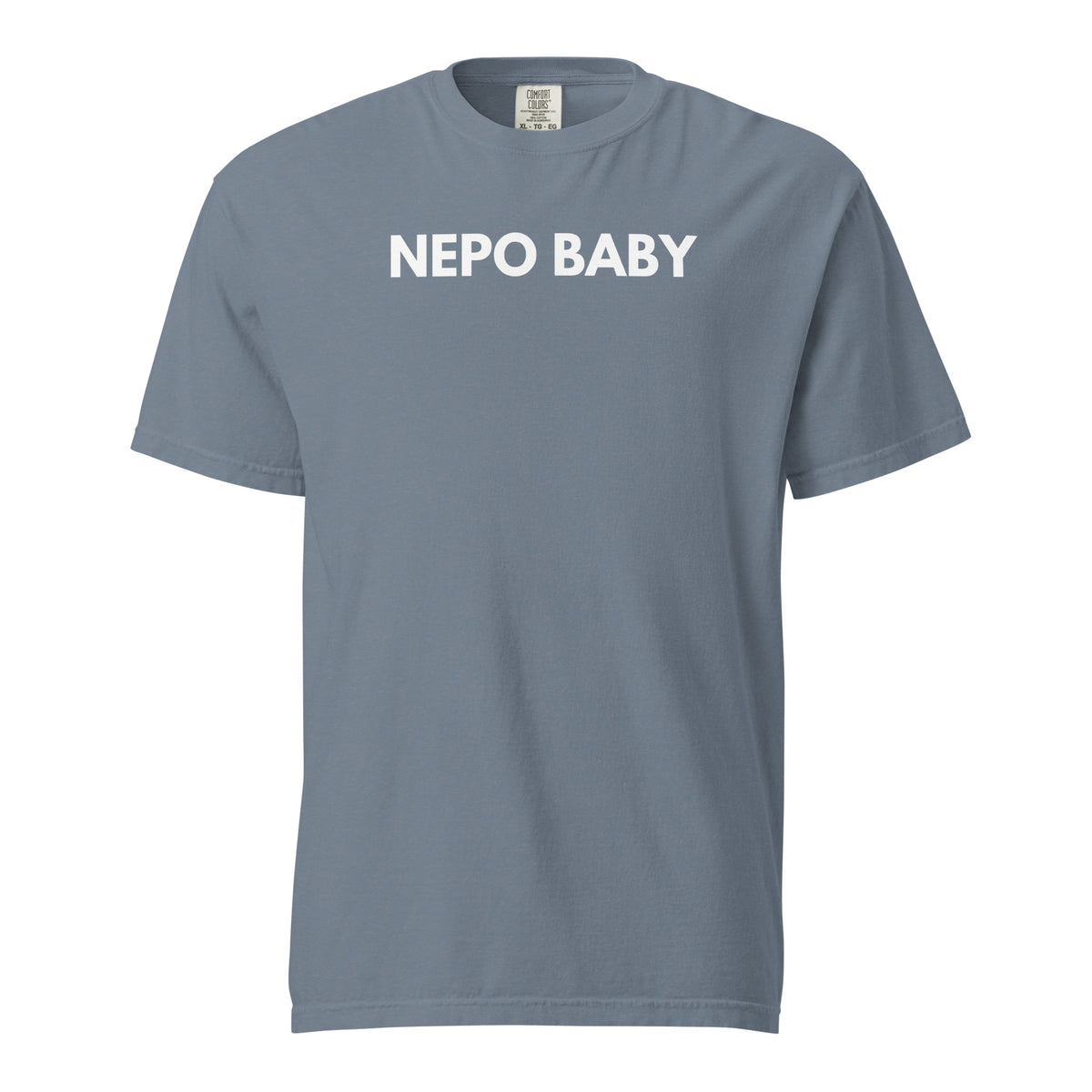 Blue Jean T-shirt, front view, with white 'NEPO BABY' lettering.