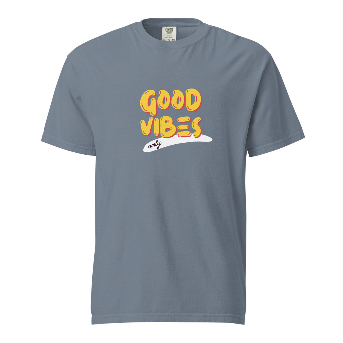 Blue Jean T-shirt, front view with yellow "Good Vibes" lettering and a white underline.